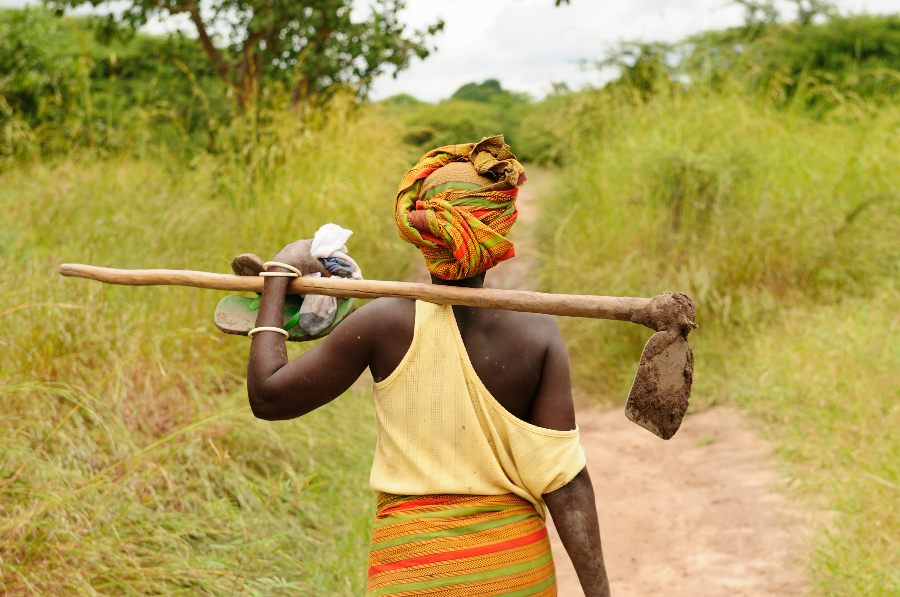 African woman going to work with the hoe in field